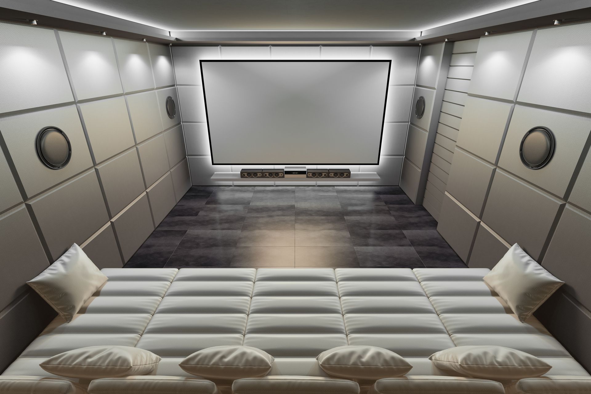 A home theater with a large screen and a projector.