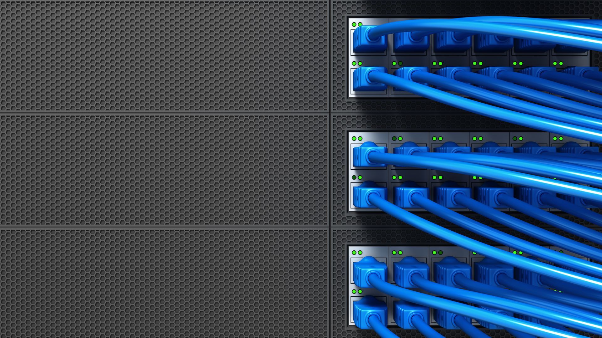 A bunch of blue cables are connected to a server in a data center.