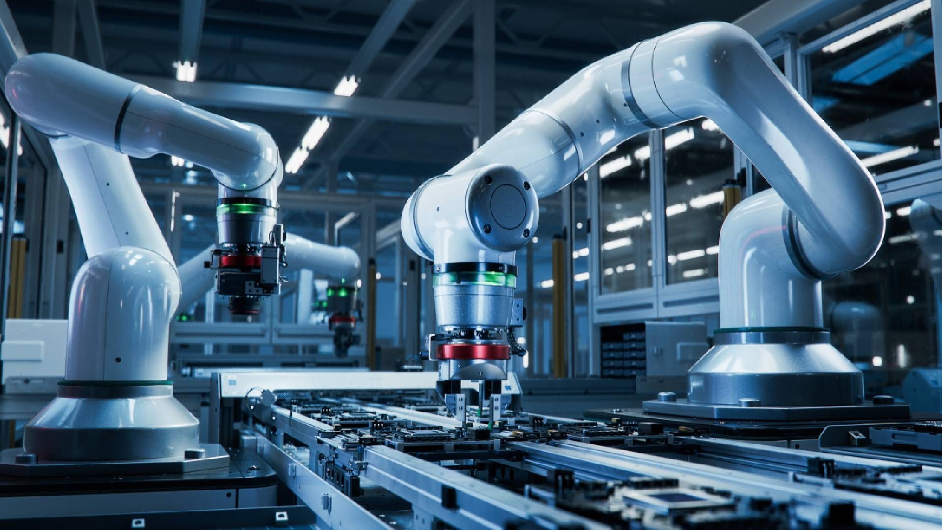 Robotic arms working on an assembly line in a factory.