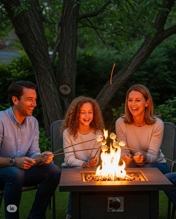 A family is roasting marshmallows over a fire pit.