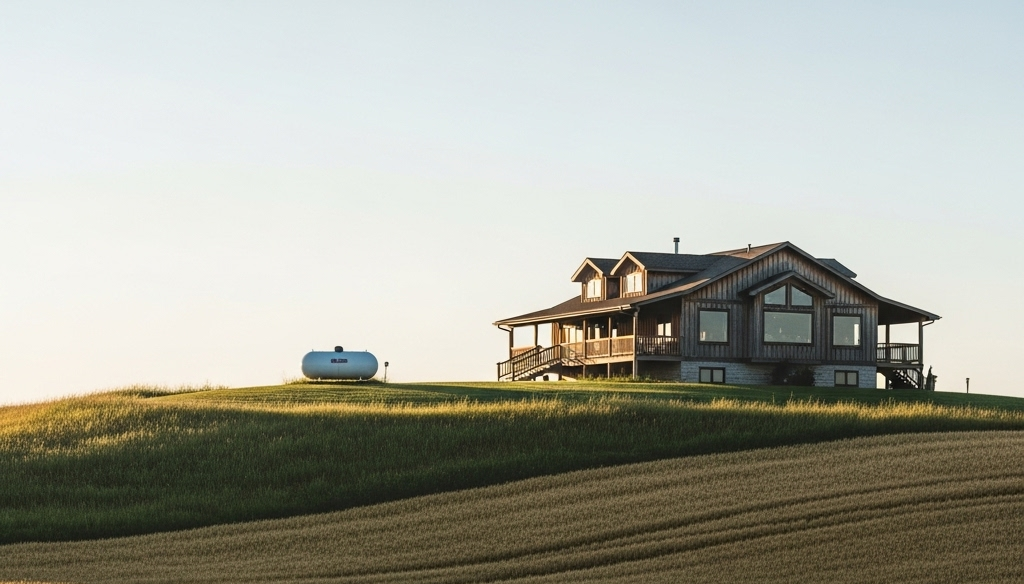 A house is sitting on top of a hill in the middle of a field.