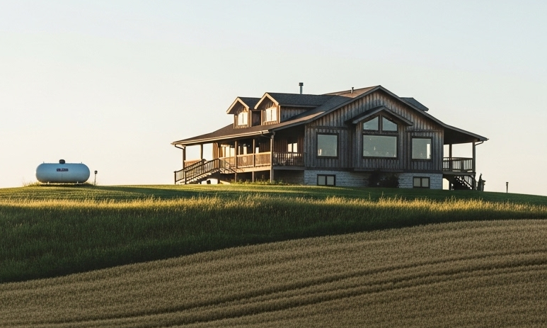 A large house is sitting on top of a hill in the middle of a field.