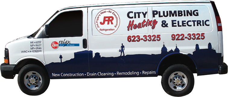 A city plumbing heating and electric van with a city skyline on the side