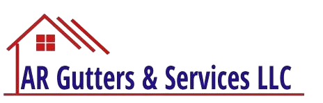 Logo for AR Gutters & Services LLC featuring a red house outline and dark blue text on a white background.