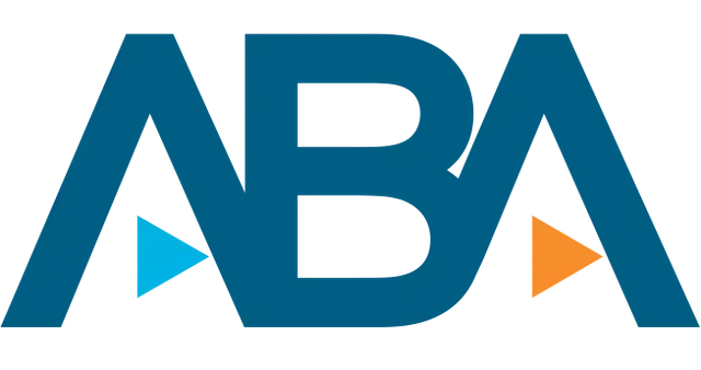 The aba logo is blue and orange with a triangle in the middle.