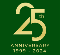 A gold 25th anniversary logo on a green background