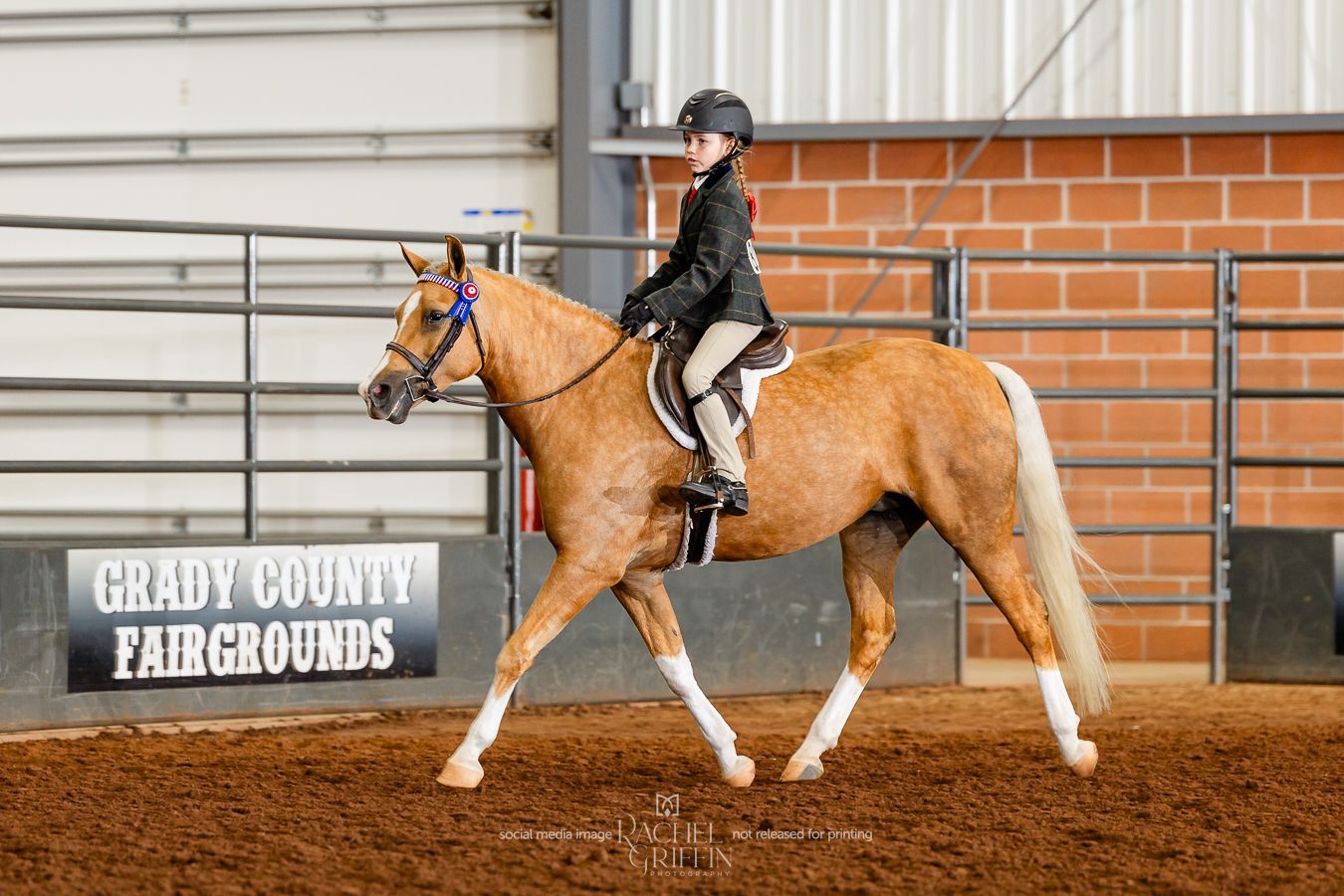 Young rider on a palomino horse in a riding arena, formal attire.