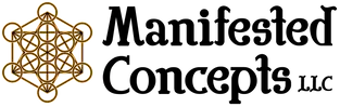Logo of Manifested Concepts LLC. Features an intricate gold geometric symbol and bold black text.