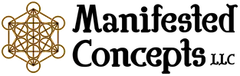 Logo of Manifested Concepts LLC. Features an intricate gold geometric symbol and bold black text.