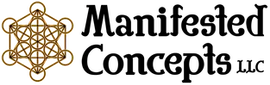 Logo of Manifested Concepts LLC. Features an intricate gold geometric symbol and bold black text.