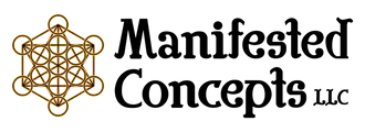 Logo for Manifested Concepts LLC, featuring a Metatron's Cube and text in elegant font.