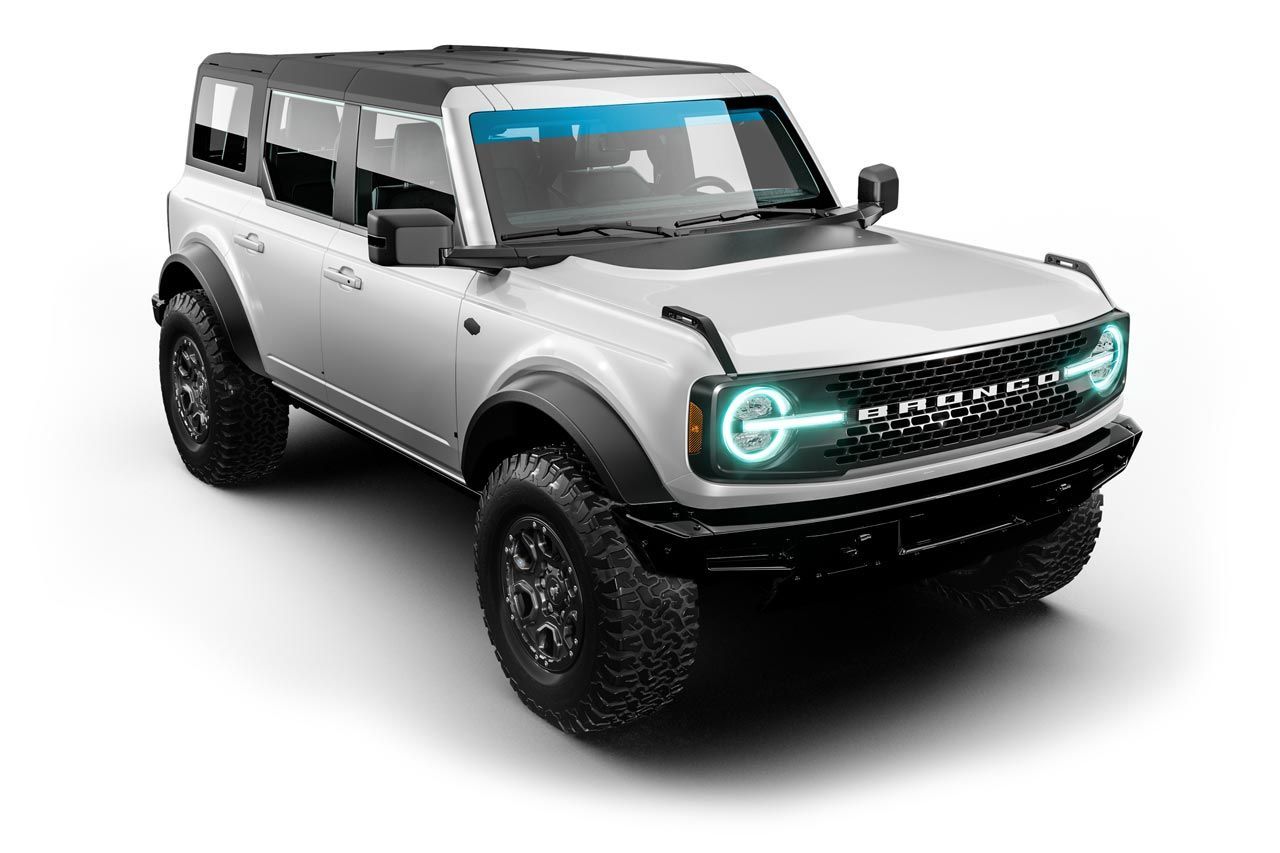 White Ford Bronco SUV with black accents, front view.