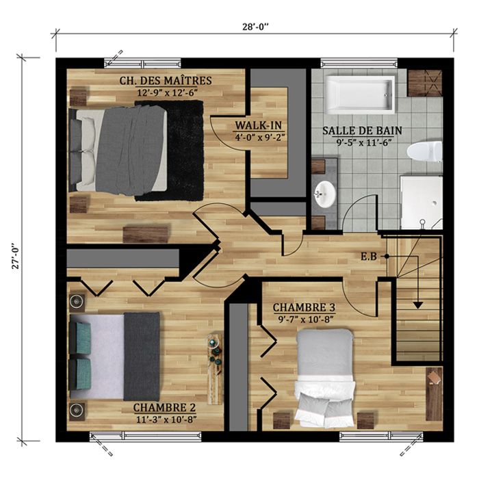 Un plan d'étage d'une maison montrant les chambres et les salles de bains
