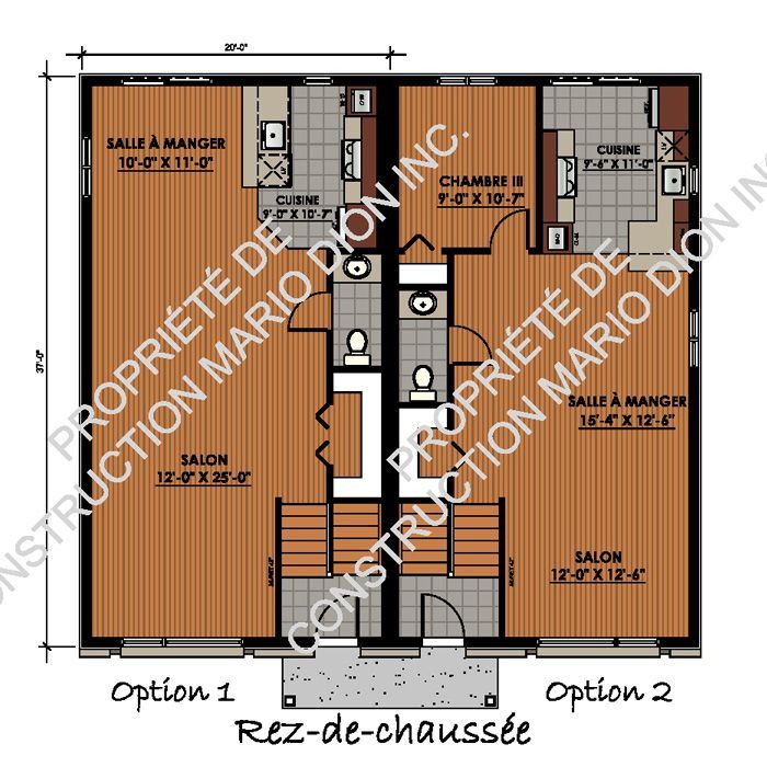 Un plan d'étage d'une maison avec les options 1 et 2
