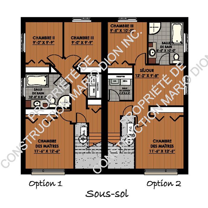 Un plan d'étage d'une maison avec les options 1 et 2