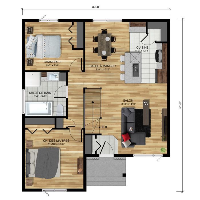 Un plan d'étage d'une maison montrant les chambres et les salles de bains