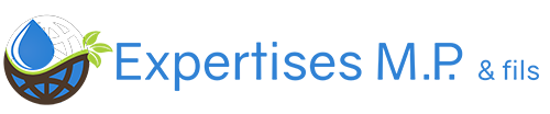 Un logo pour les expertises mp & fils avec une goutte d'eau au milieu