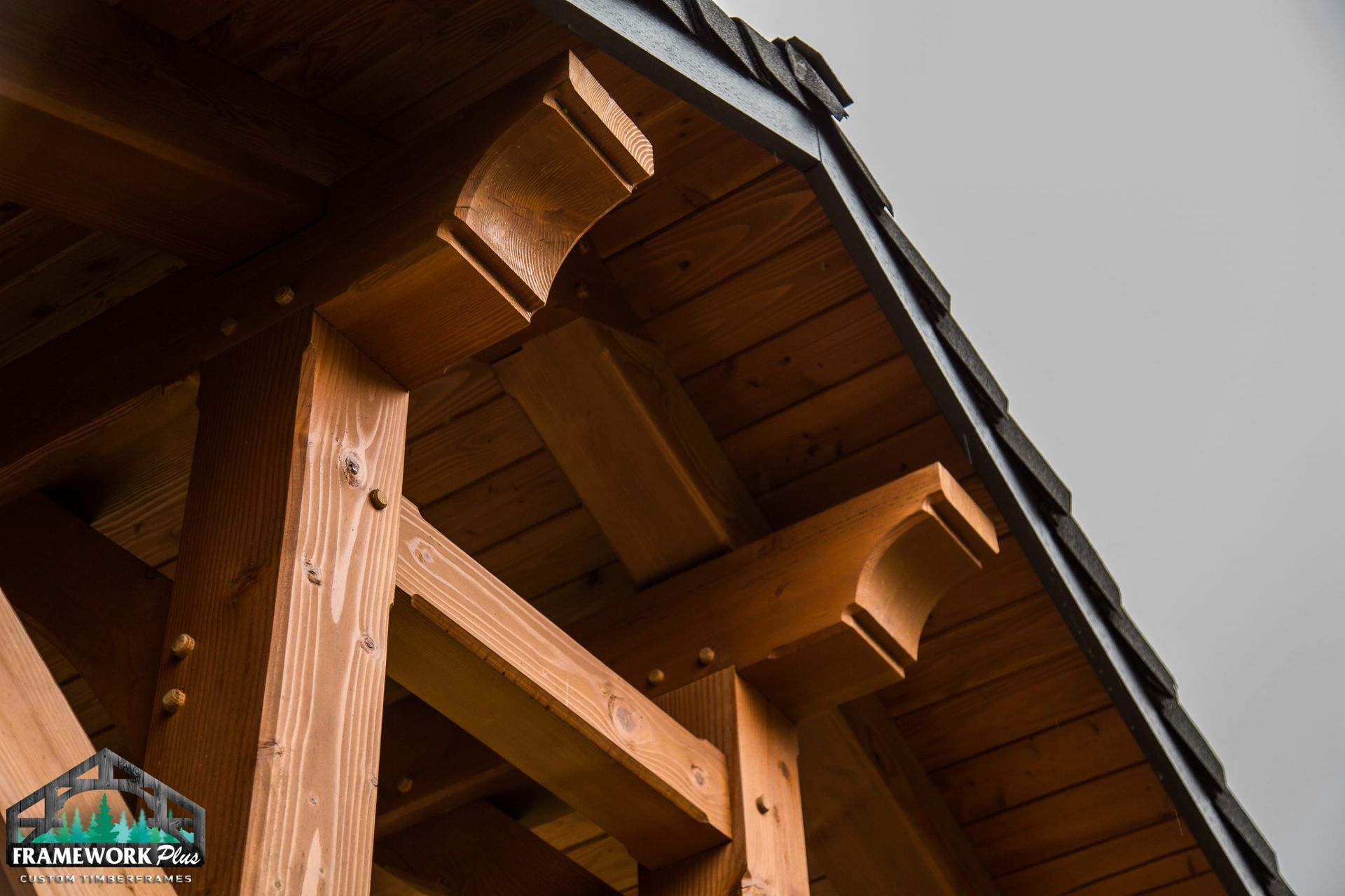 A close up of a wooden structure with a roof