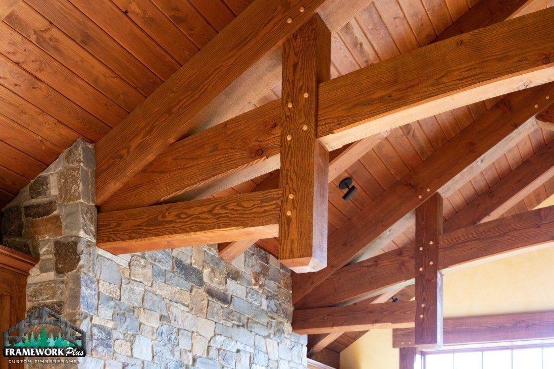 A wooden ceiling with a stone fireplace in the background.