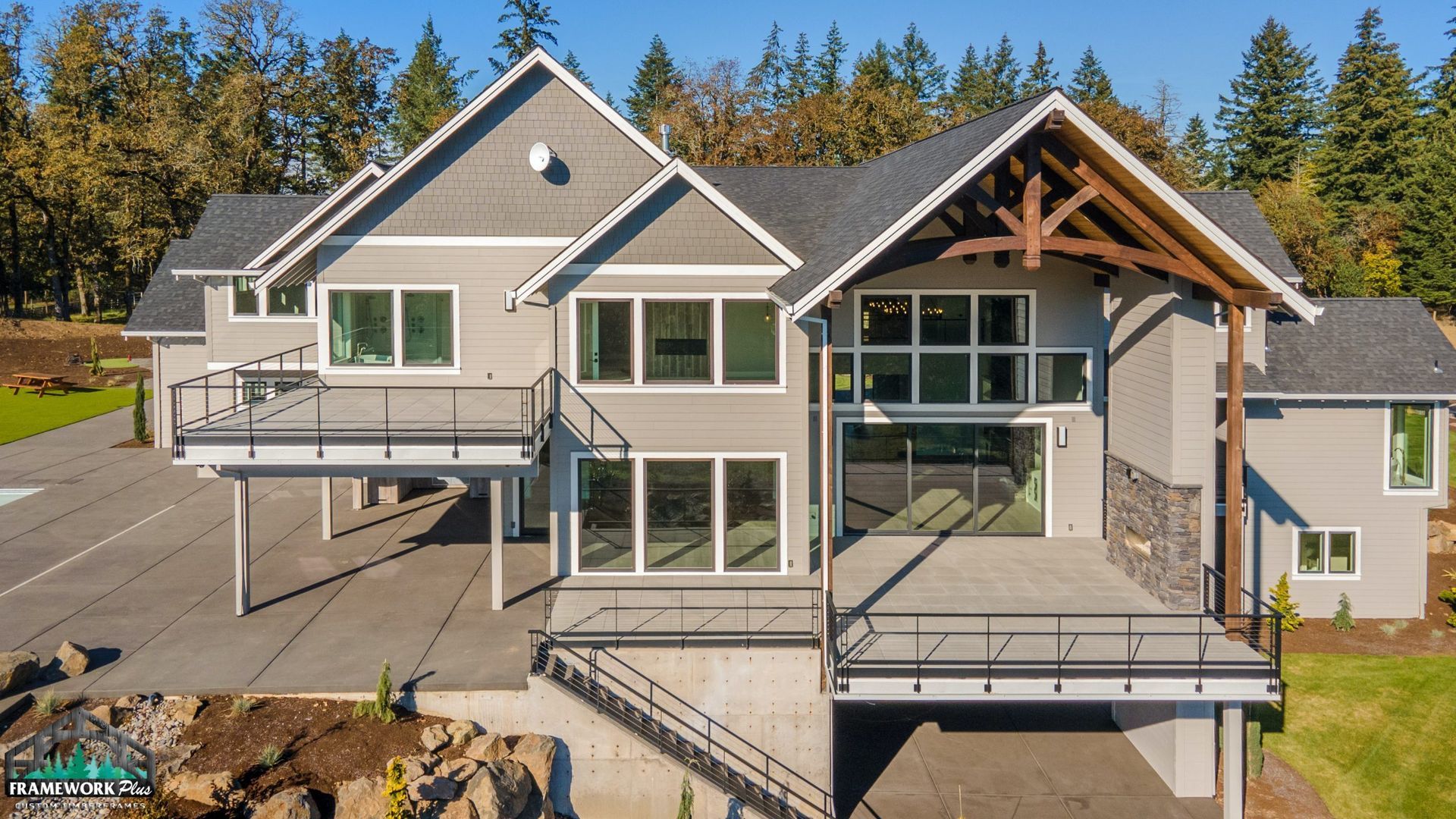 An aerial view of a large house with a lot of windows