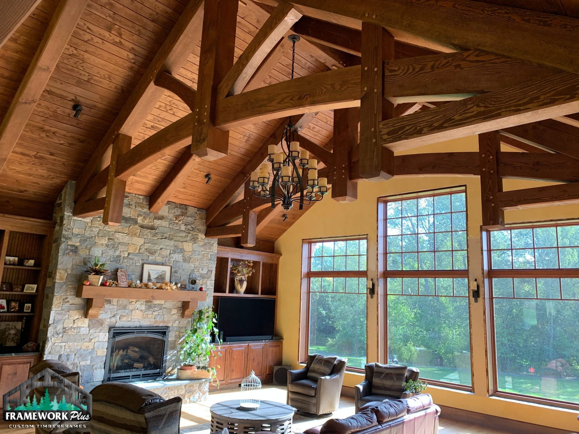 A living room with a fireplace and lots of windows