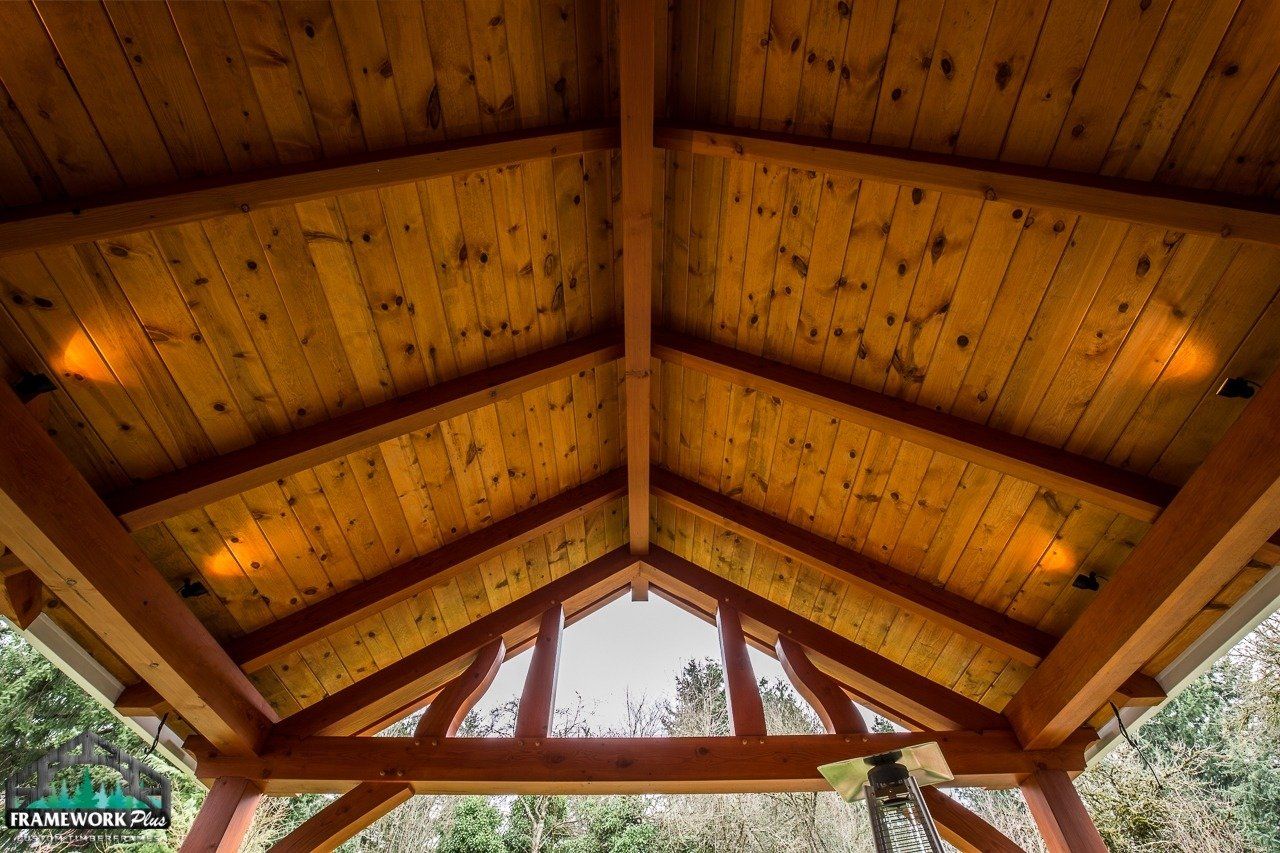 Looking up at the ceiling of a wooden structure