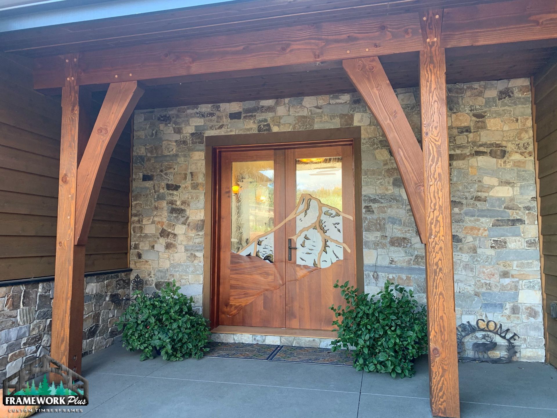 A house with a wooden porch and a wooden door
