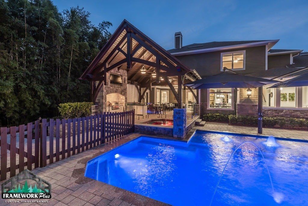 A large house with a swimming pool in front of it