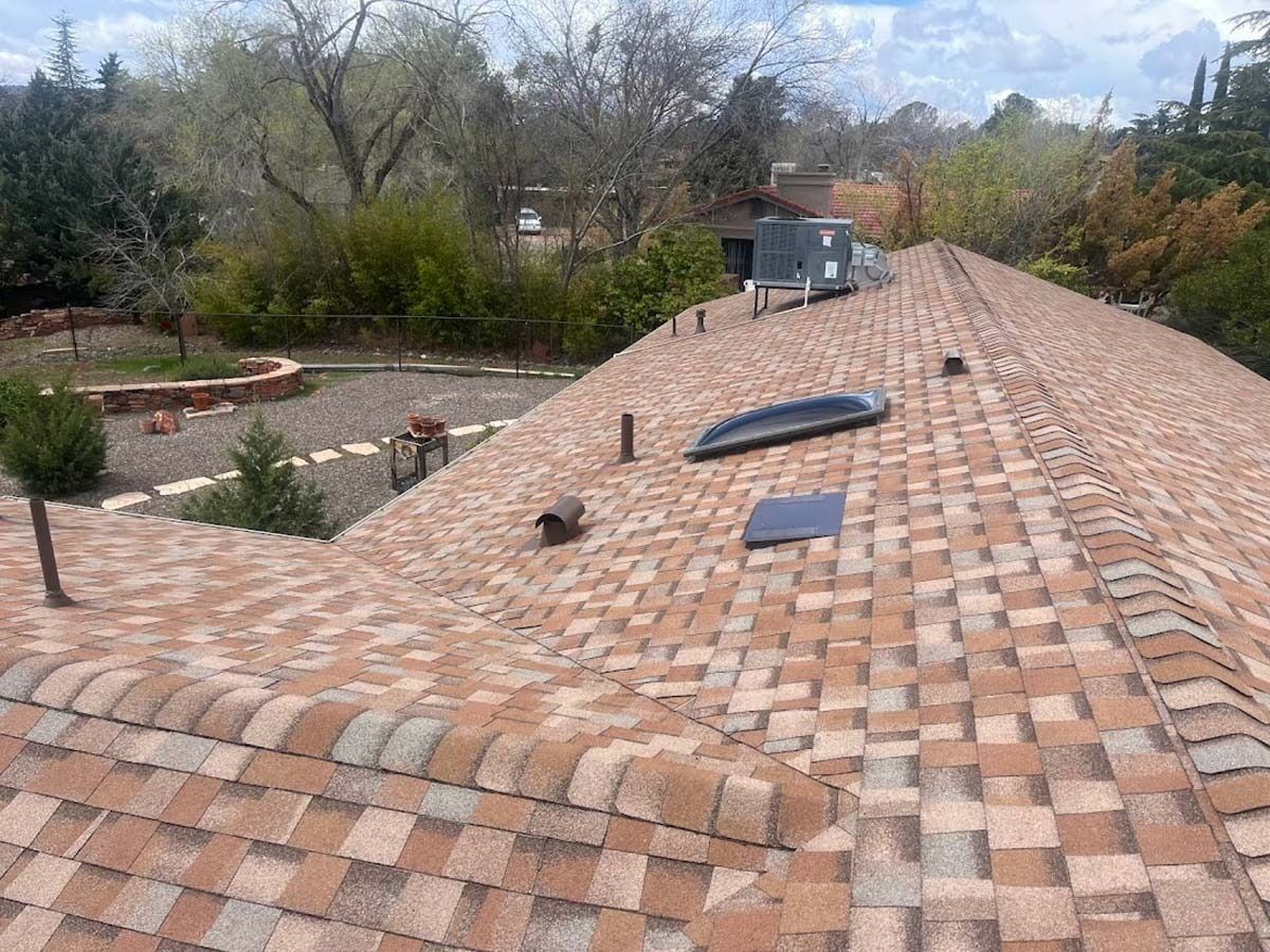 Shingled roof with skylights and vents, overlooking a backyard with trees and a patio.