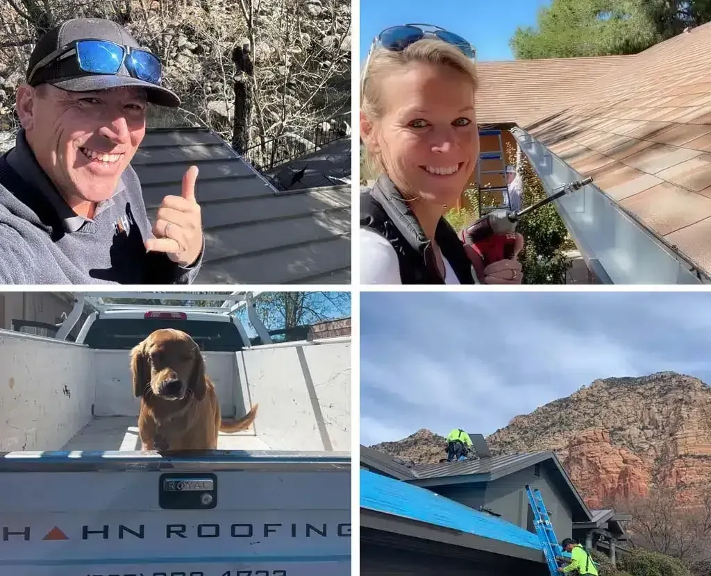 Four photos: workers and a dog related to Hahn Roofing. People working on a roof, and a dog in a truck bed.