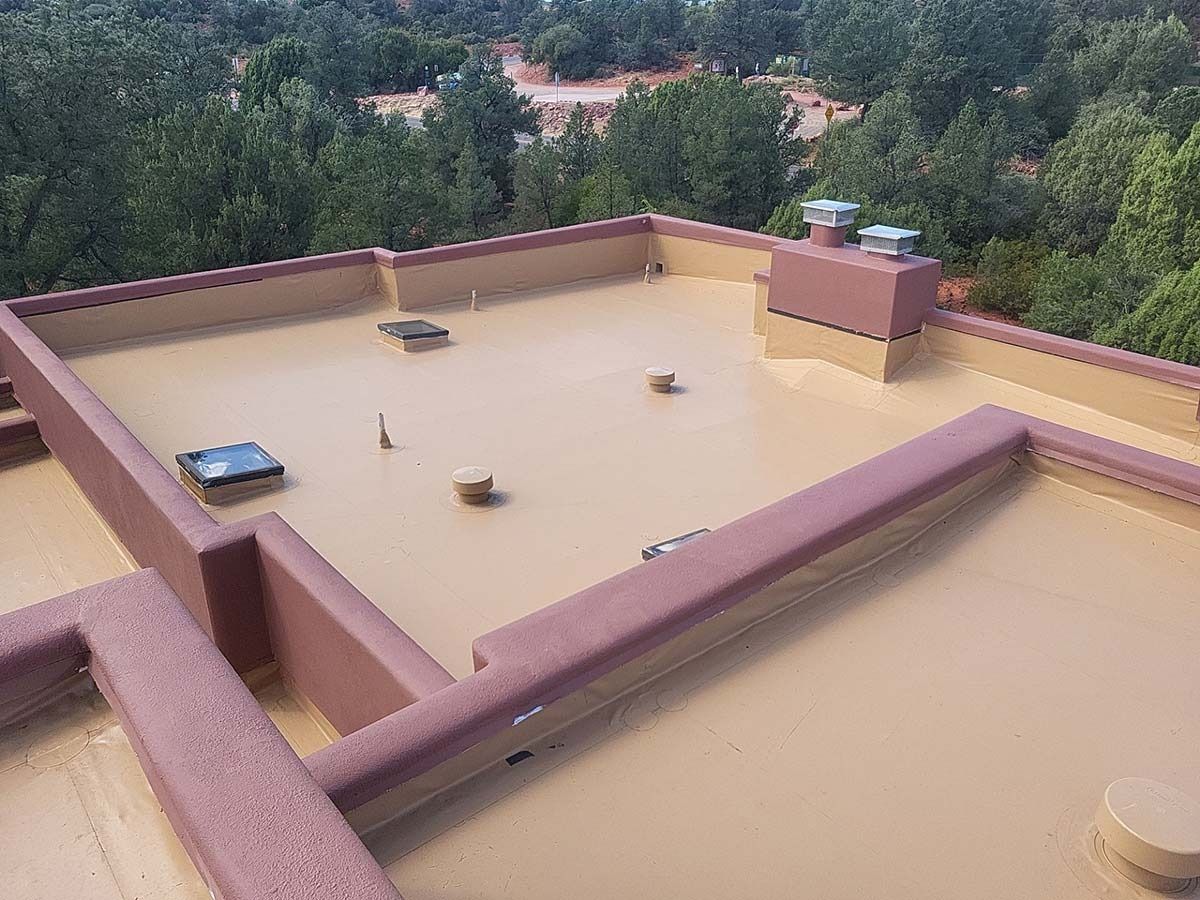 Flat roof with standing water, surrounded by low walls. Trees in background.
