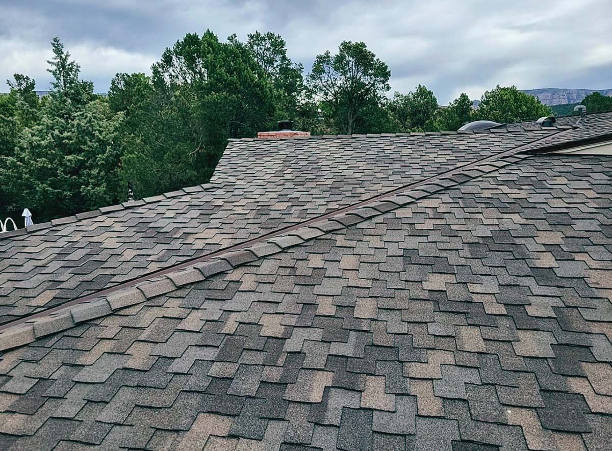 Overhead view of a roof with weathered asphalt shingles; trees and overcast sky in the background.