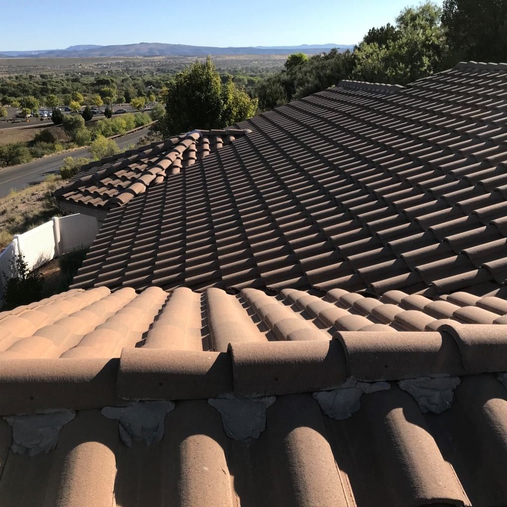 Brown tile roof overlooking a valley with trees and distant mountains under a blue sky.