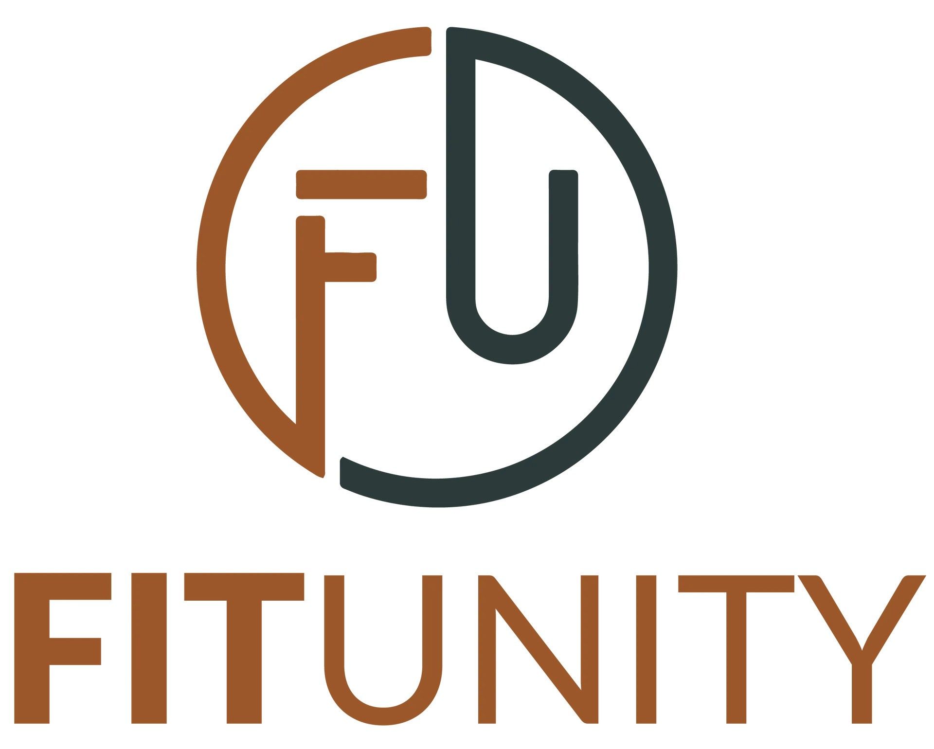 Een logo voor een bedrijf genaamd fitunity met een letter u in een cirkel.
