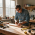 Person measuring wood at a workbench in a sunlit workshop, wearing glasses and a denim shirt.