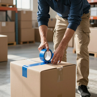 Person sealing a cardboard box with blue packing tape in a warehouse