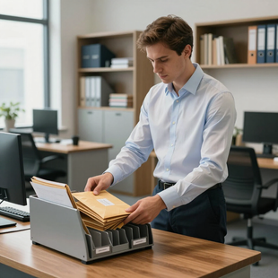 Man organizing file folders in a tidy office, placing papers into a gray file sorter on a wooden desk