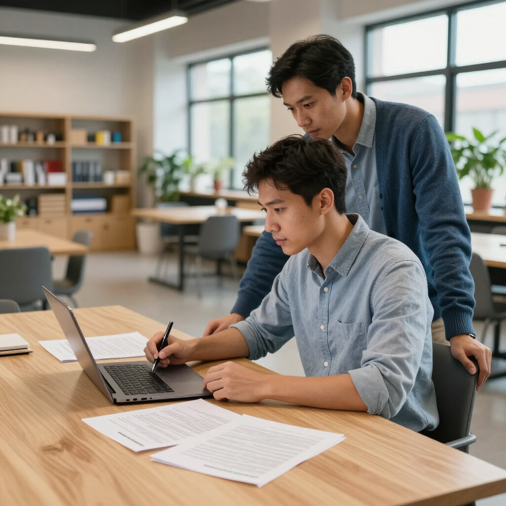 Two people collaborate at a laptop on a wooden table in a bright office, reviewing papers and notes