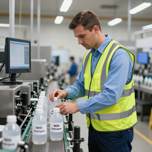 Worker in a yellow safety vest filling white bottles on a factory production line
