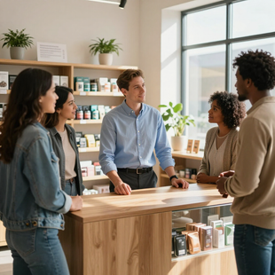 Four people talk with a shop clerk at a wooden counter in a bright retail store.