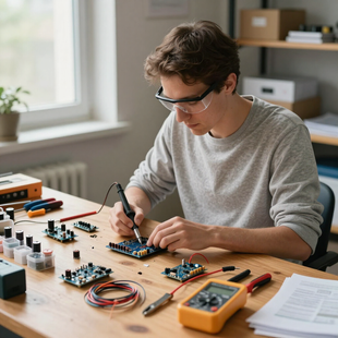 Person soldering electronics components at a workbench with tools and circuit boards