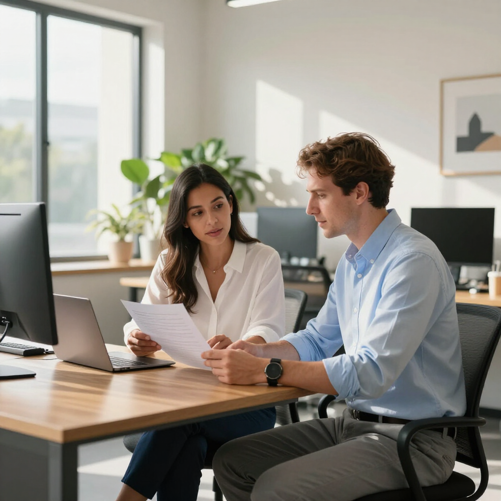 Two coworkers reviewing a document at a desk in a bright office