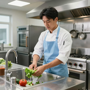Chef rinsing lettuce in a commercial kitchen, with tomatoes and stainless steel appliances nearby