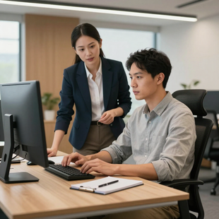 Two coworkers at a desk reviewing work on a desktop computer in a modern office