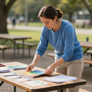 Woman arranging colorful papers on a picnic table outdoors in a park