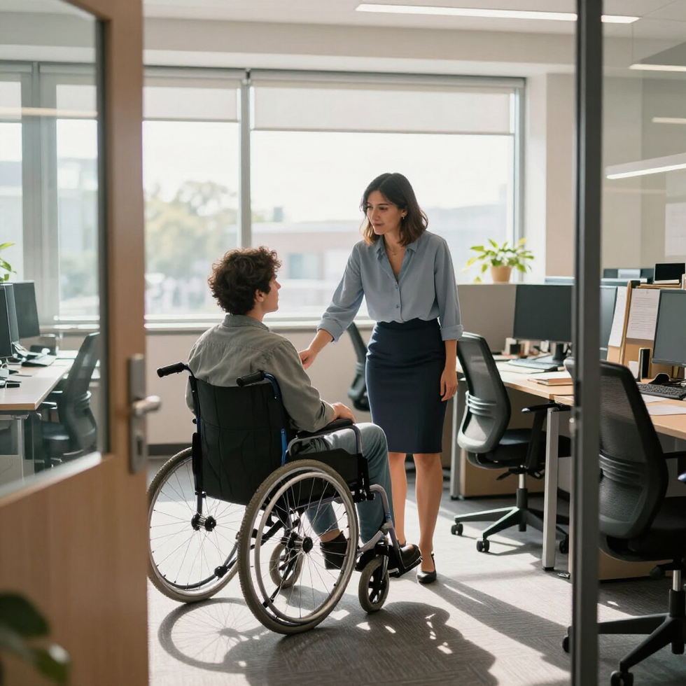 Woman speaking with a person in a wheelchair in a bright office hallway