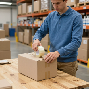 Man sealing a cardboard box with packing tape at a warehouse worktable