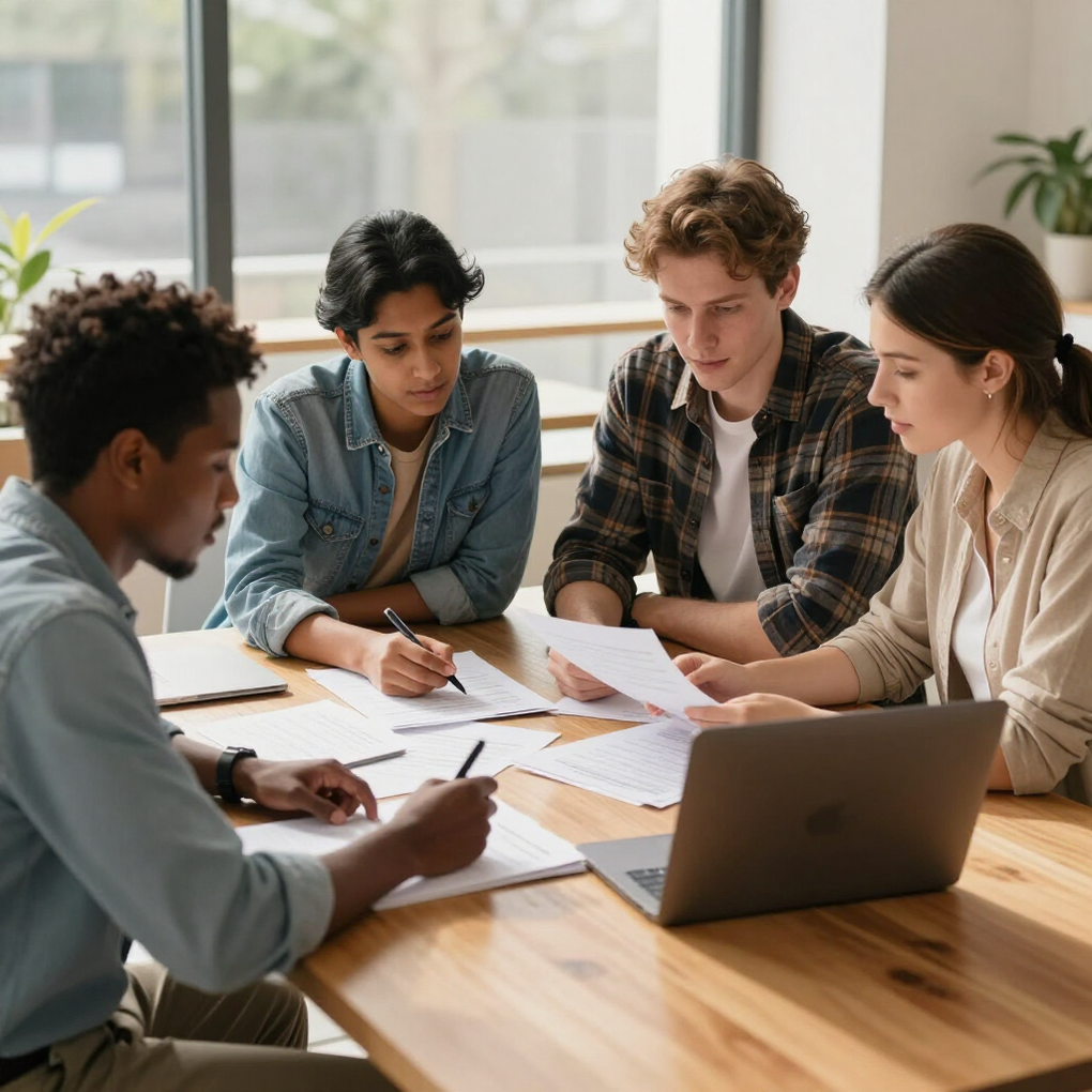 Four coworkers collaborate at a table with papers, pens, and a laptop in a bright meeting room