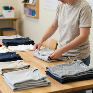 Person folding clothes on a table with neatly stacked shirts in a laundry room