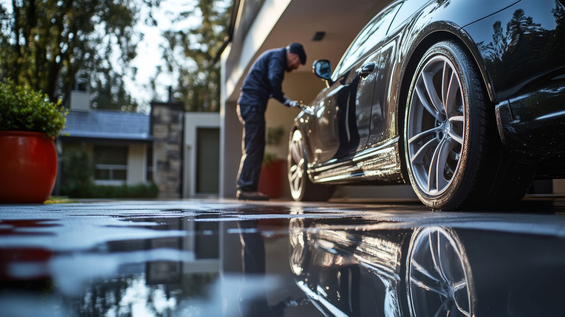A person washes a black car in a driveway; water reflects the vehicle and garage.